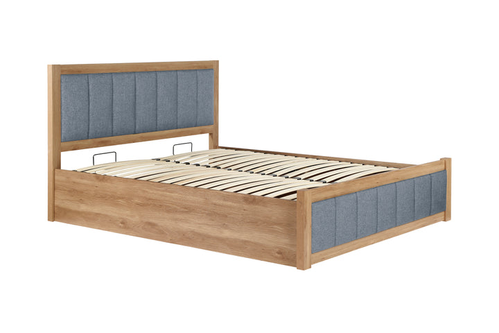 Belmont Ottoman Bed with Stylish Oak-Effect Frame and Soft Grey Blue Upholstered Headboard