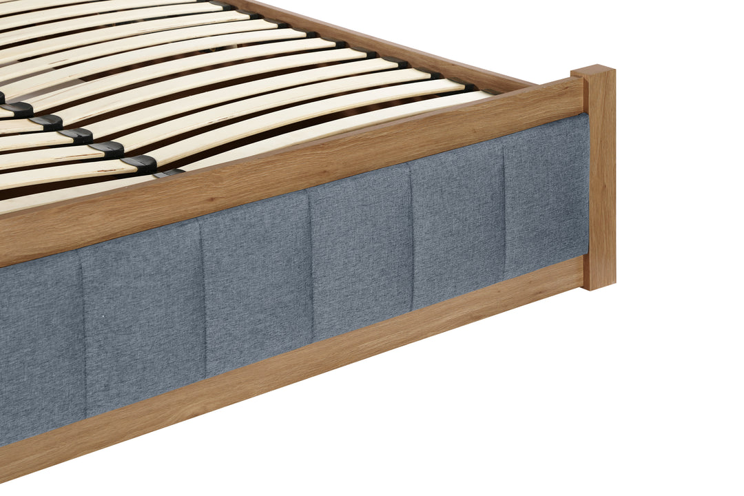 Belmont Ottoman Bed with Stylish Oak-Effect Frame and Soft Grey Blue Upholstered Headboard