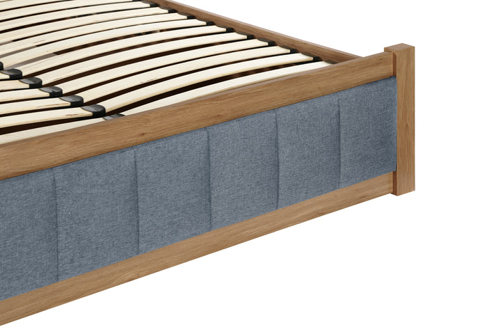 Belmont Ottoman Bed with Stylish Oak-Effect Frame and Soft Grey Blue Upholstered Headboard