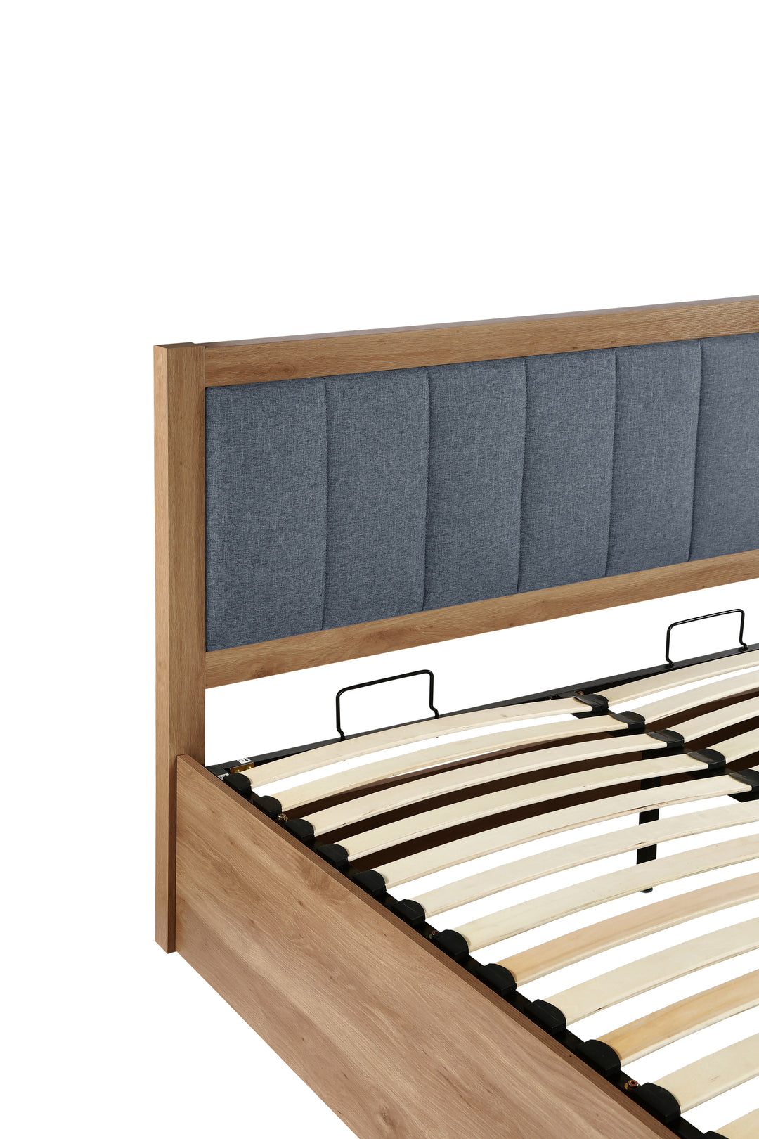 Belmont Ottoman Bed with Stylish Oak-Effect Frame and Soft Grey Blue Upholstered Headboard
