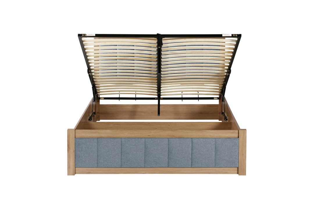 Belmont Ottoman Bed with Stylish Oak-Effect Frame and Soft Grey Blue Upholstered Headboard
