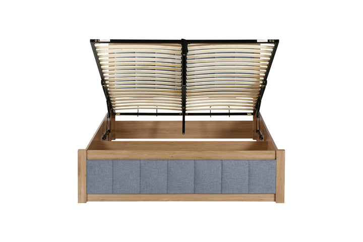 Belmont Ottoman Bed with Stylish Oak-Effect Frame and Soft Grey Blue Upholstered Headboard