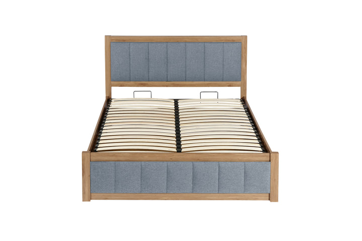 Belmont Ottoman Bed with Stylish Oak-Effect Frame and Soft Grey Blue Upholstered Headboard