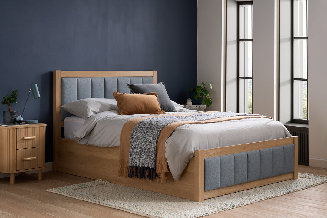 Belmont Ottoman Bed with Stylish Oak-Effect Frame and Soft Grey Blue Upholstered Headboard