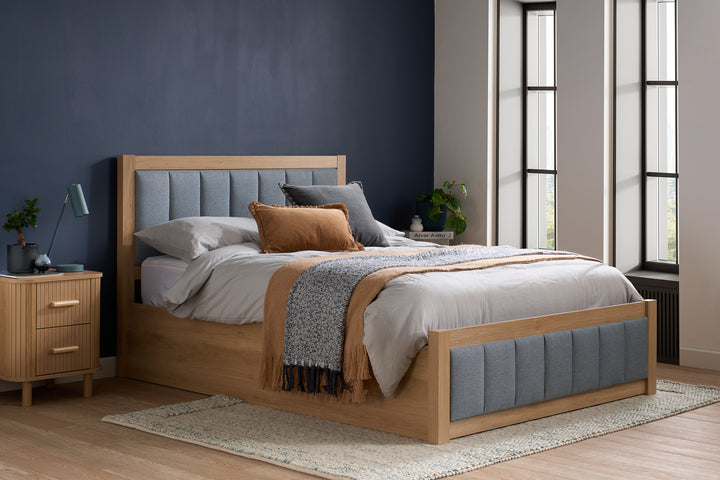 Belmont Ottoman Bed with Stylish Oak-Effect Frame and Soft Grey Blue Upholstered Headboard