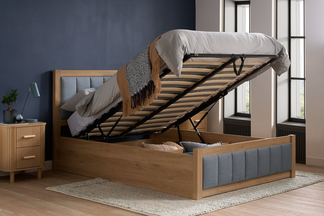 Belmont Ottoman Bed with Stylish Oak-Effect Frame and Soft Grey Blue Upholstered Headboard