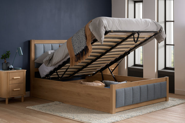 Belmont Ottoman Bed with Stylish Oak-Effect Frame and Soft Grey Blue Upholstered Headboard