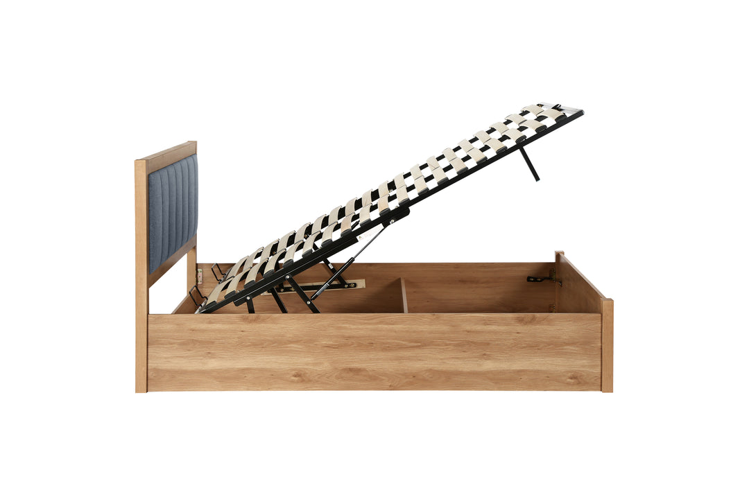 Belmont Ottoman Bed with Stylish Oak-Effect Frame and Soft Grey Blue Upholstered Headboard