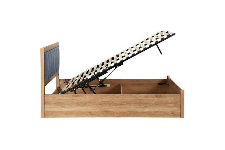 Belmont Ottoman Bed with Stylish Oak-Effect Frame and Soft Grey Blue Upholstered Headboard
