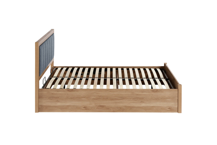 Belmont Ottoman Bed with Stylish Oak-Effect Frame and Soft Grey Blue Upholstered Headboard