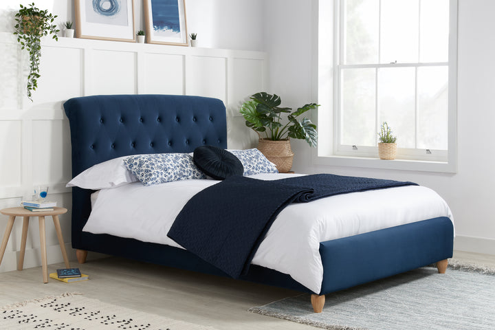 Brompton Upholstered Bed Frame with Generously Cushioned Headboard in Midnight Blue