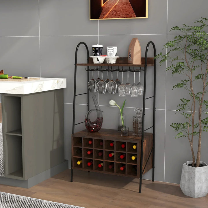 Bakers Rack with Detachable Wine Rack and 5 Rows of Stemware Holder-Ru ...