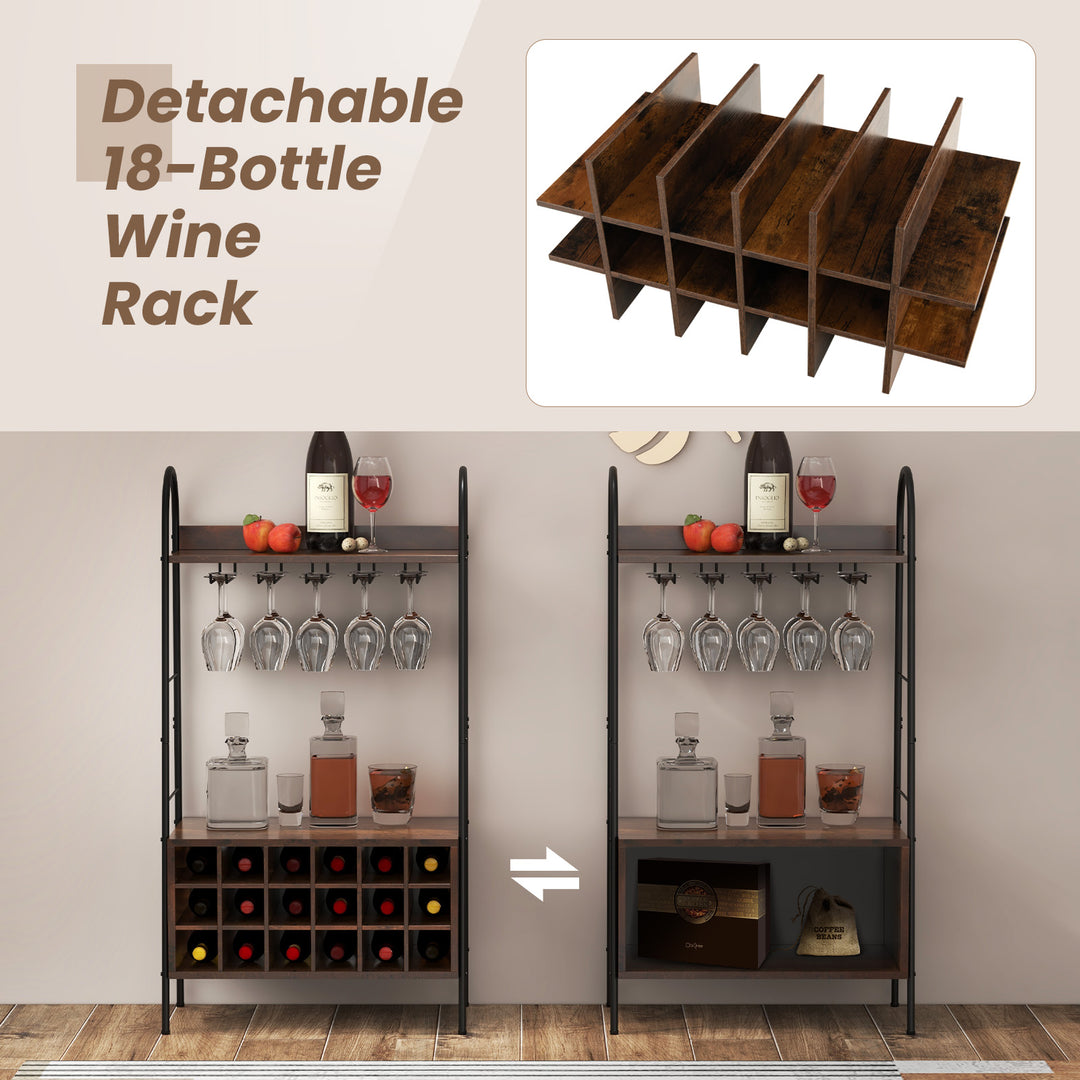Bakers Rack with Detachable Wine Rack and 5 Rows of Stemware Holder-Rustic Brown - TidySpaces