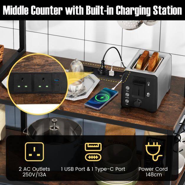 Bakers Rack with Power Outlets and 10 S-Shaped Hooks - TidySpaces