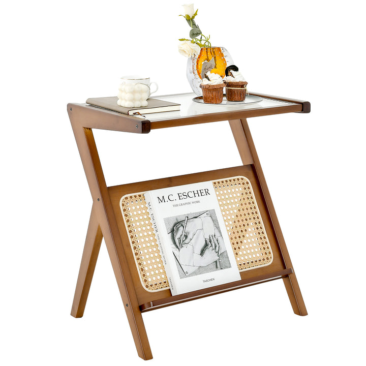 Bamboo Accent Bedside Table with Tempered Glass Top