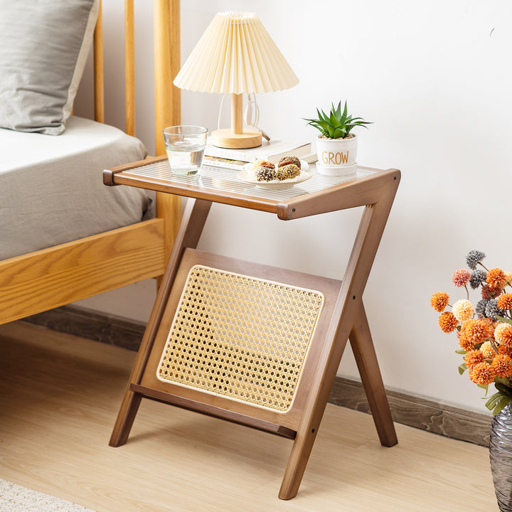 Bamboo Accent Bedside Table with Tempered Glass Top