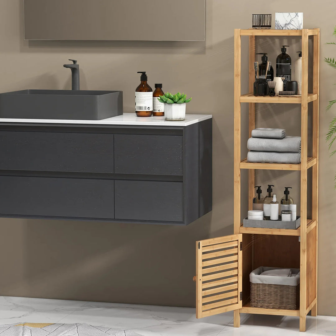 Bamboo Floor Storage Cabinet with Shuttered Door-Natural - TidySpaces