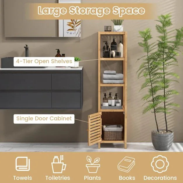 Bamboo Floor Storage Cabinet with Shuttered Door-Natural - TidySpaces