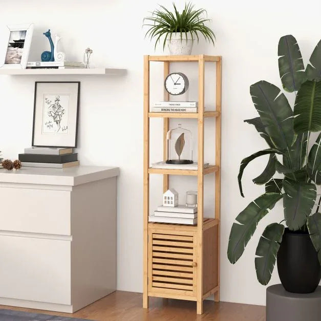 Bamboo Floor Storage Cabinet with Shuttered Door-Natural - TidySpaces