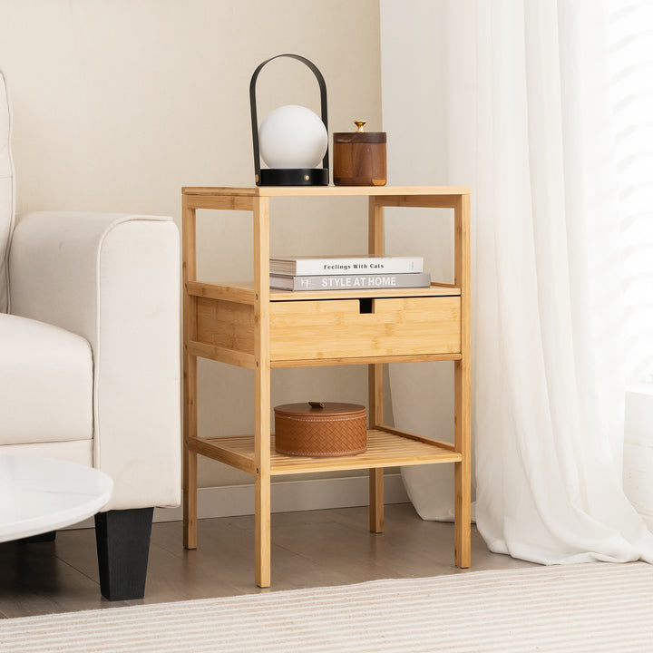 Multipurpose Bamboo Nightstand with Storage Drawer and Slatted Shelf-Natural