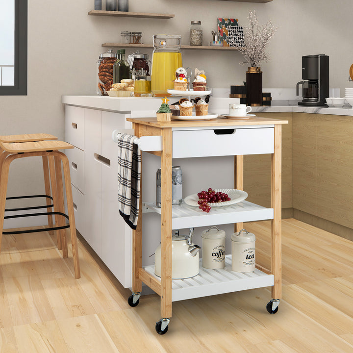 Bamboo Rolling Kitchen Island with Pull Out Drawer