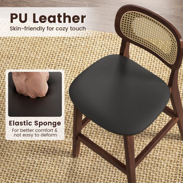 Bar Stool Set of 2 with PE Rattan Backrest, Padded Seat and Footrest