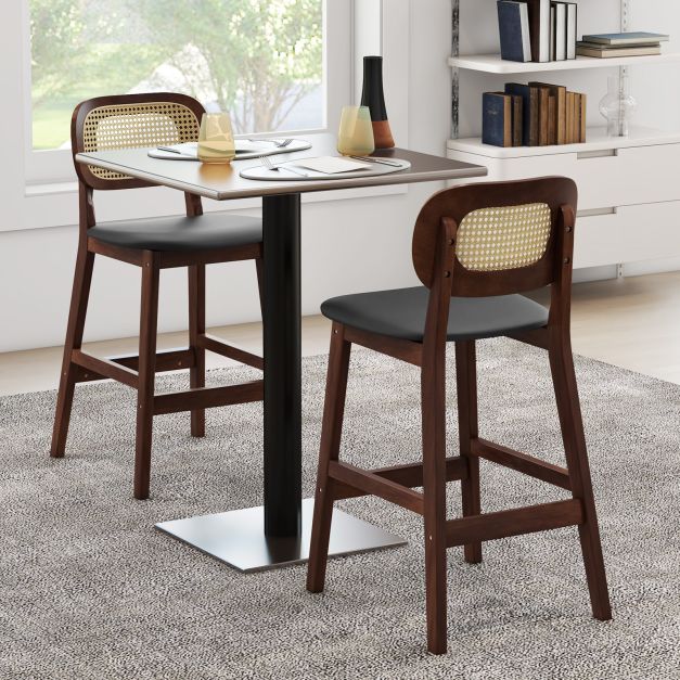 Bar Stool Set of 2 with PE Rattan Backrest, Padded Seat and Footrest