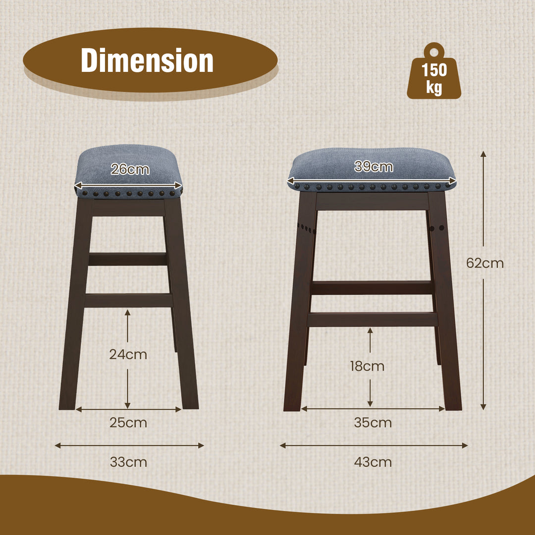 Bar Stool Set of 2 with Padded Seat and Rubber Wood Legs