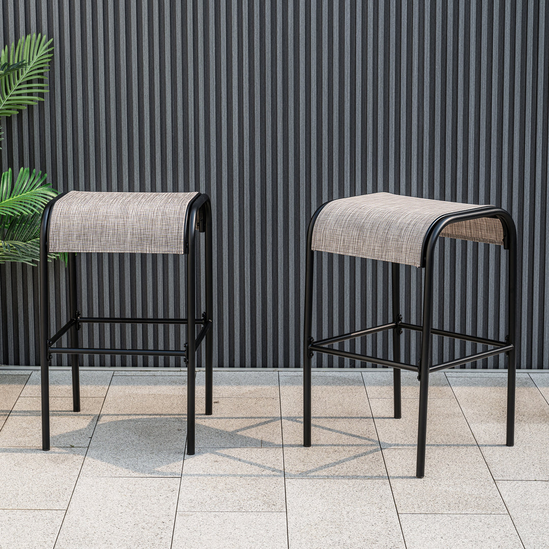 Metal Bar Height Bistro Stools Set of 2  with Curved Fabric Seat for Backyard Porch Poolside-Coffee