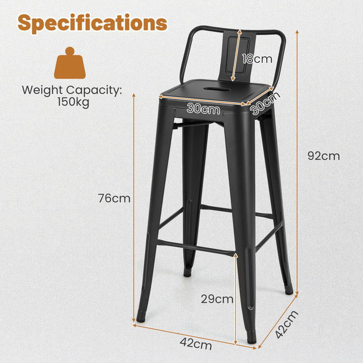 Set of 4 Metal Bar Stools 76 cm with Removable Backrest - TidySpaces