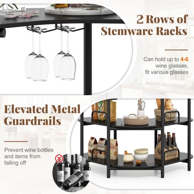 3-Tier Home Bar Unit with Stemware Racks and Storage Shelves-Black