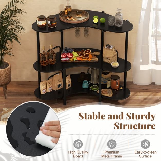 3-Tier Home Bar Unit with Stemware Racks and Storage Shelves-Black