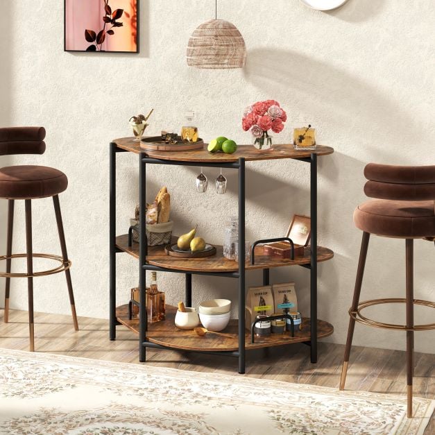 3-Tier Home Bar Unit with Stemware Racks and Storage Shelves-Rustic Brown