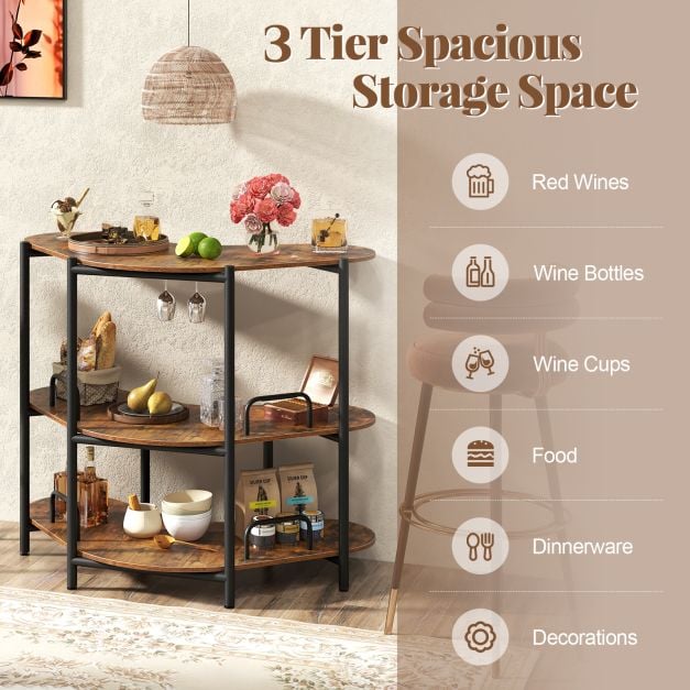 3-Tier Home Bar Unit with Stemware Racks and Storage Shelves-Rustic Brown