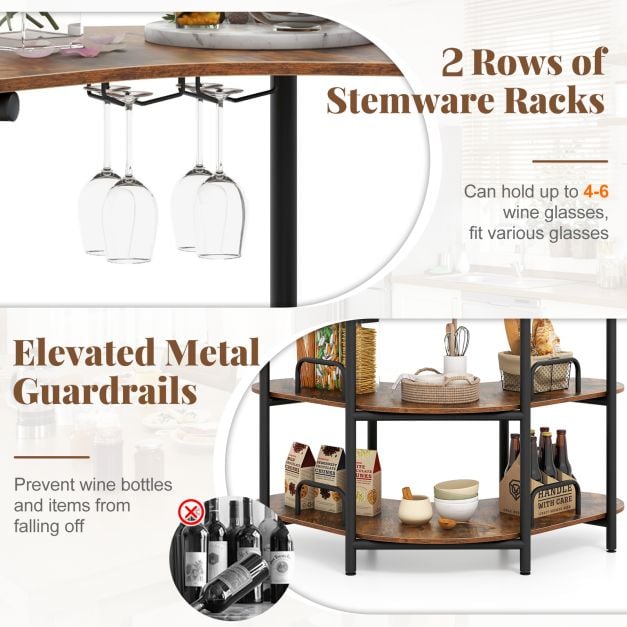 3-Tier Home Bar Unit with Stemware Racks and Storage Shelves-Rustic Brown