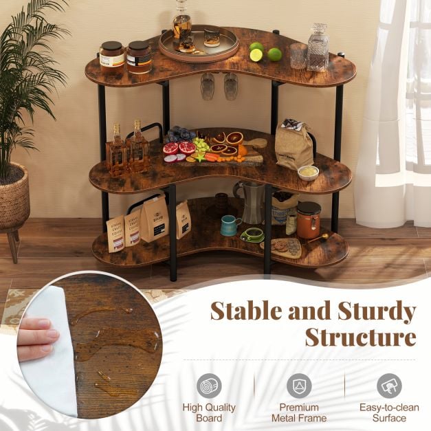 3-Tier Home Bar Unit with Stemware Racks and Storage Shelves-Rustic Brown
