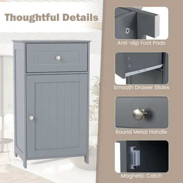 Bathroom Cabinet Floor Organizer with Single Door and Drawer-Grey - TidySpaces