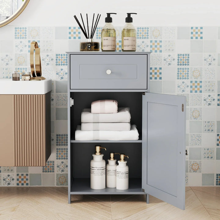 Bathroom Cabinet Floor Organizer with Single Door and Drawer-Grey - TidySpaces