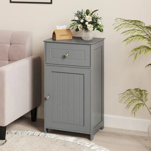 Bathroom Cabinet Floor Organizer with Single Door and Drawer-Grey - TidySpaces