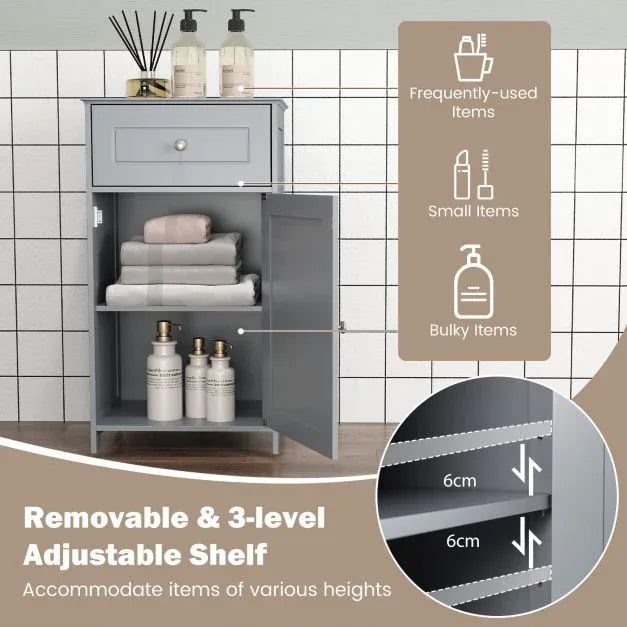 Bathroom Cabinet Floor Organizer with Single Door and Drawer-Grey - TidySpaces