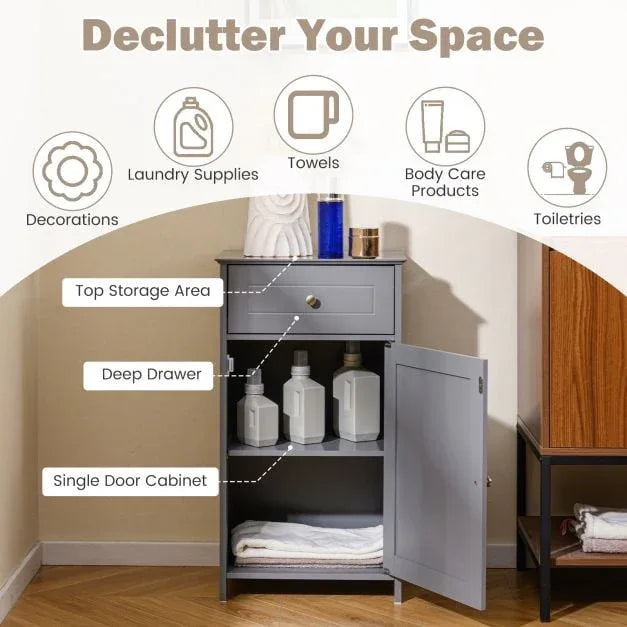Bathroom Cabinet Floor Organizer with Single Door and Drawer-Grey - TidySpaces