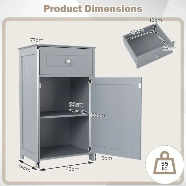 Bathroom Cabinet Floor Organizer with Single Door and Drawer-Grey - TidySpaces