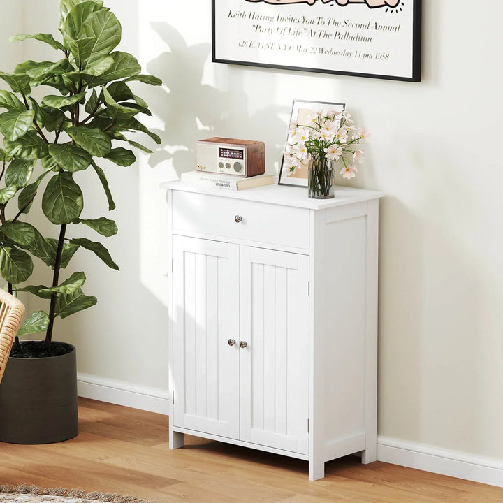 Bathroom Floor Cabinet 2-Door with Drawer and Adjustable Shelf-White - TidySpaces