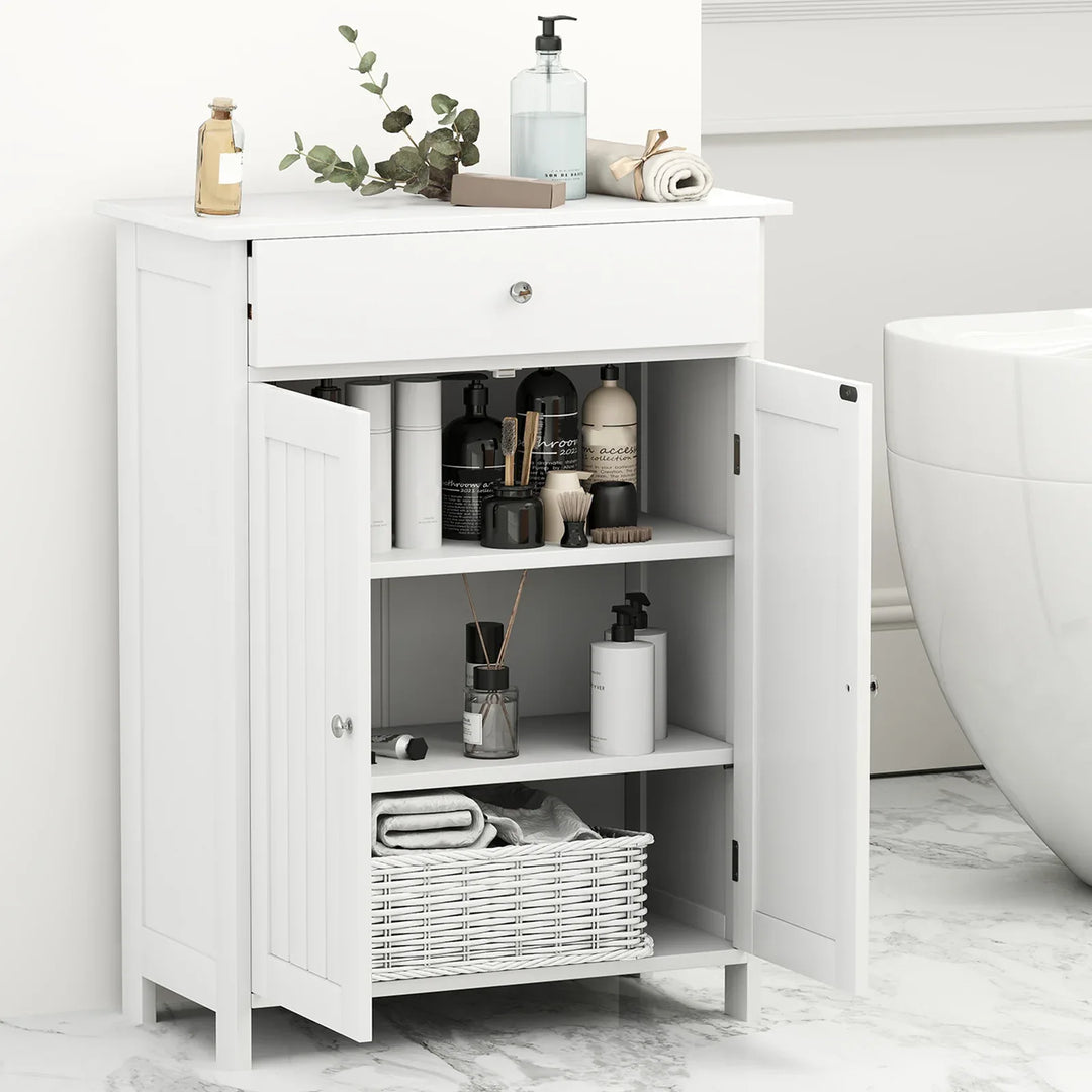 Bathroom Floor Cabinet 2-Door with Drawer and Adjustable Shelf-White - TidySpaces