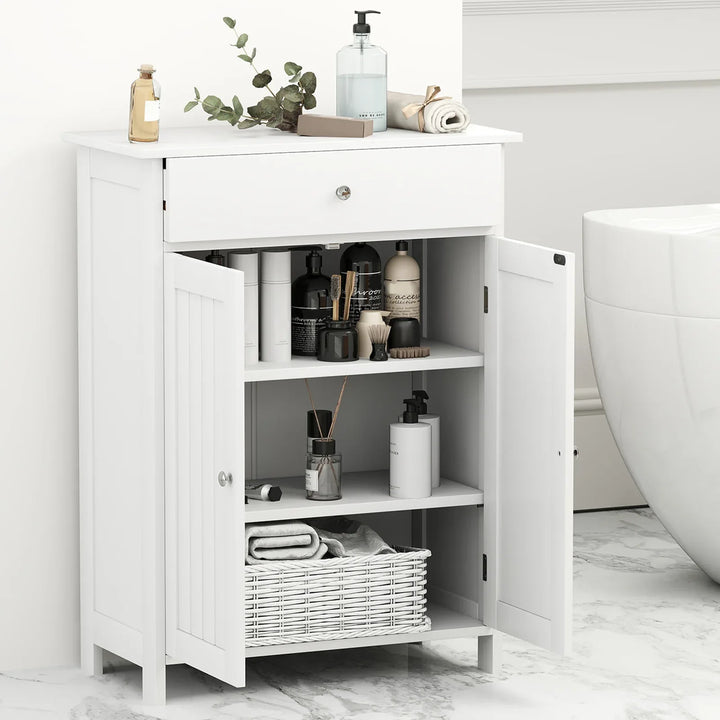 Bathroom Floor Cabinet 2-Door with Drawer and Adjustable Shelf-White - TidySpaces