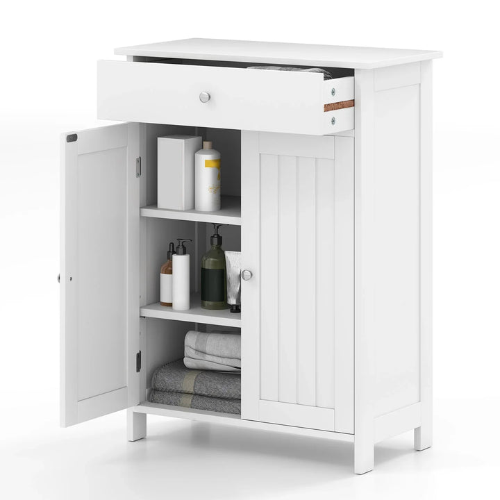 Bathroom Floor Cabinet 2-Door with Drawer and Adjustable Shelf-White - TidySpaces