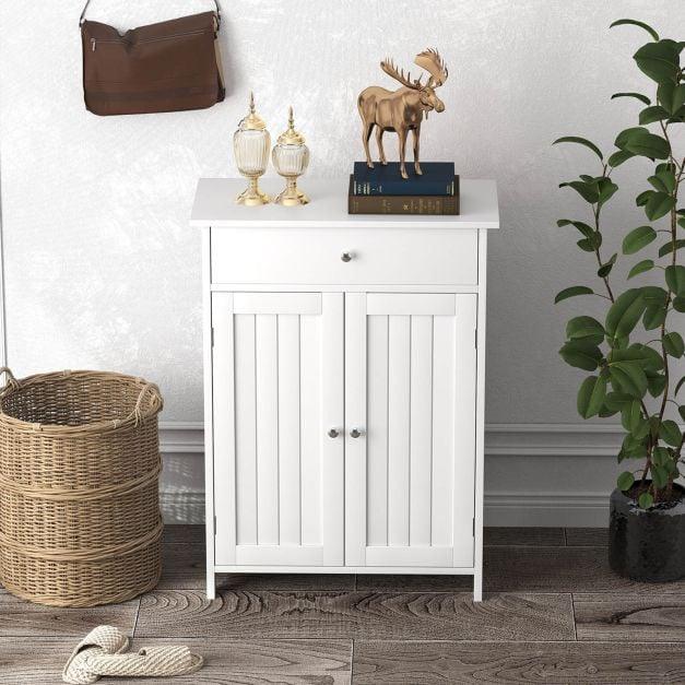 Bathroom Floor Cabinet 2-Door with Drawer and Adjustable Shelf-White - TidySpaces