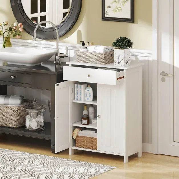 Bathroom Floor Cabinet 2-Door with Drawer and Adjustable Shelf-White - TidySpaces