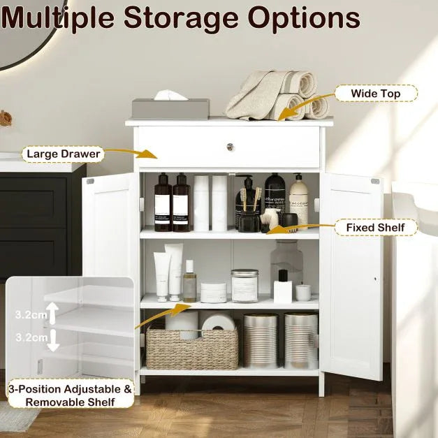 Bathroom Floor Cabinet 2-Door with Drawer and Adjustable Shelf-White - TidySpaces