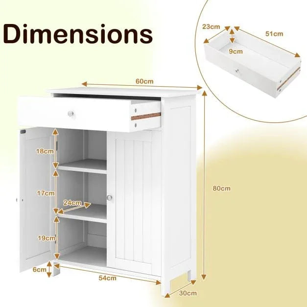 Bathroom Floor Cabinet 2-Door with Drawer and Adjustable Shelf-White - TidySpaces